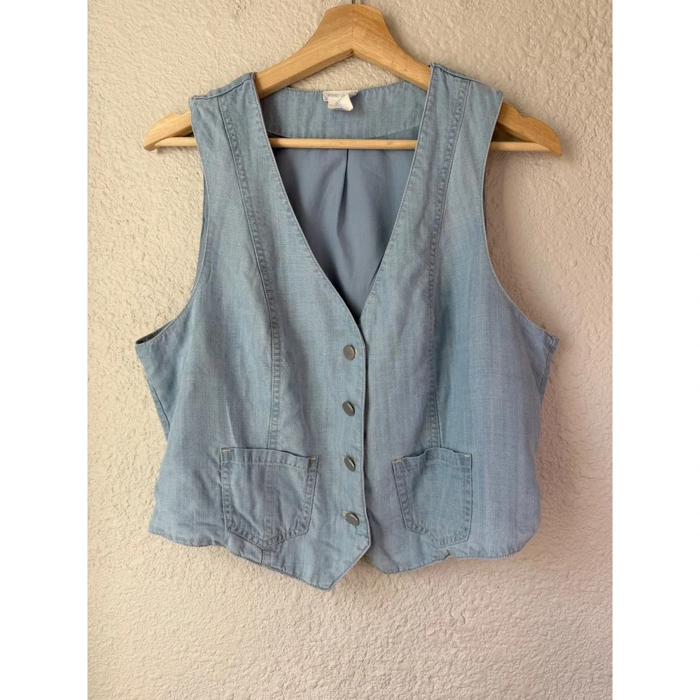 Sigrid Olsen Womens Light Blue Lyocell Chambray Button Front Vest Size Large
